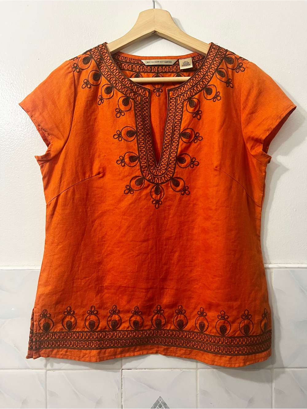Ecologie Embroidered 100% Linen Orange Short Sleeve Top Women Sze S Boho Ethnic